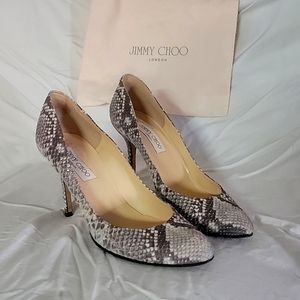 Jimmy Choo Romy 100 snake embossed gray leather pumps